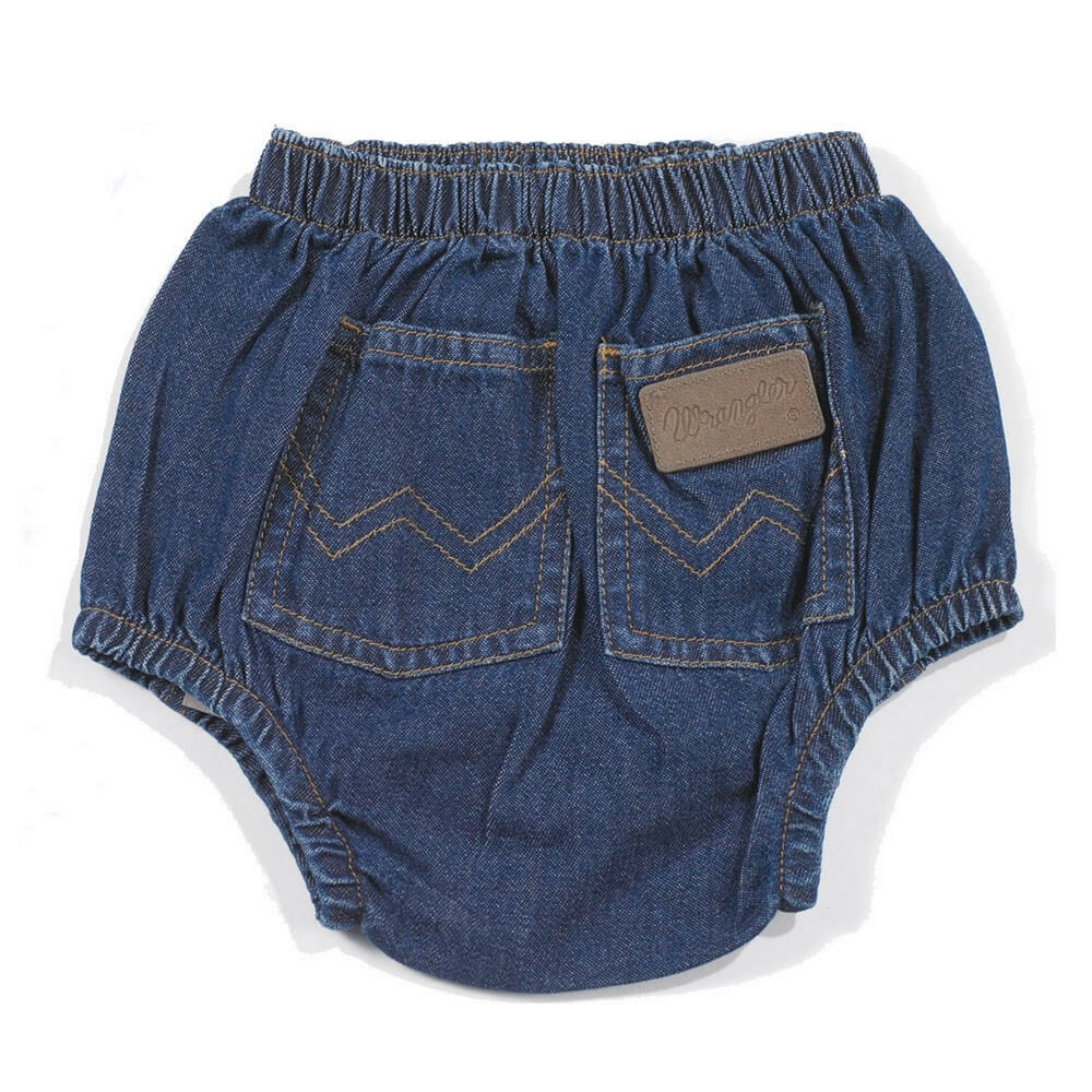 Wrangler Infant Denim Diaper Cover. A blue denim infant diaper cover with a button snap closure and a branded tag on the back pocket.