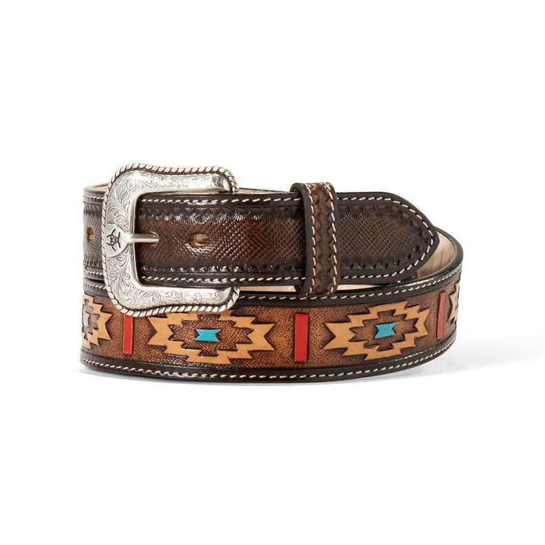 Brown leather belt with colorful pattern and silver buckle on a white background