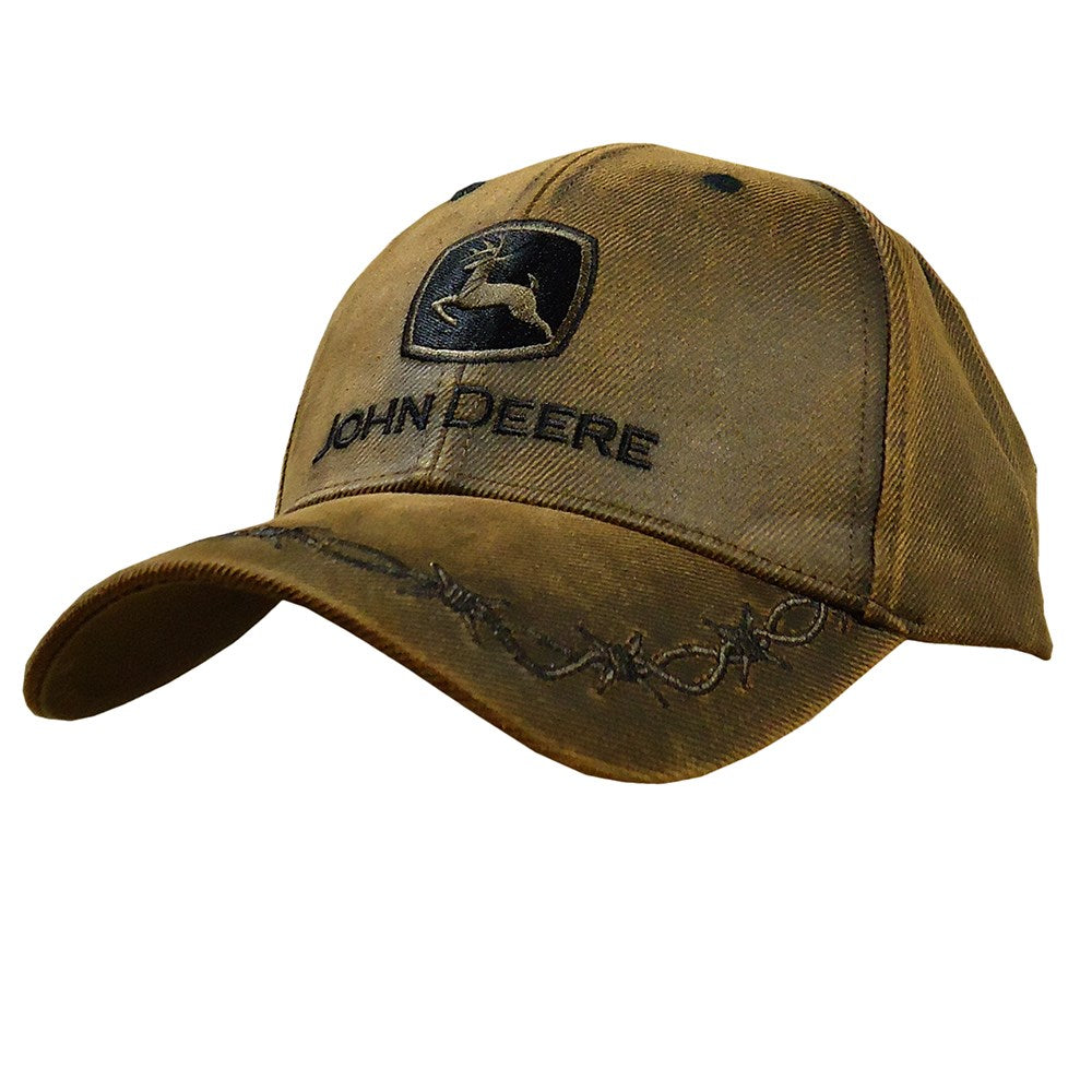 John Deere Men's Oilskin Cap. Brown cap with John Deere logo on a white background