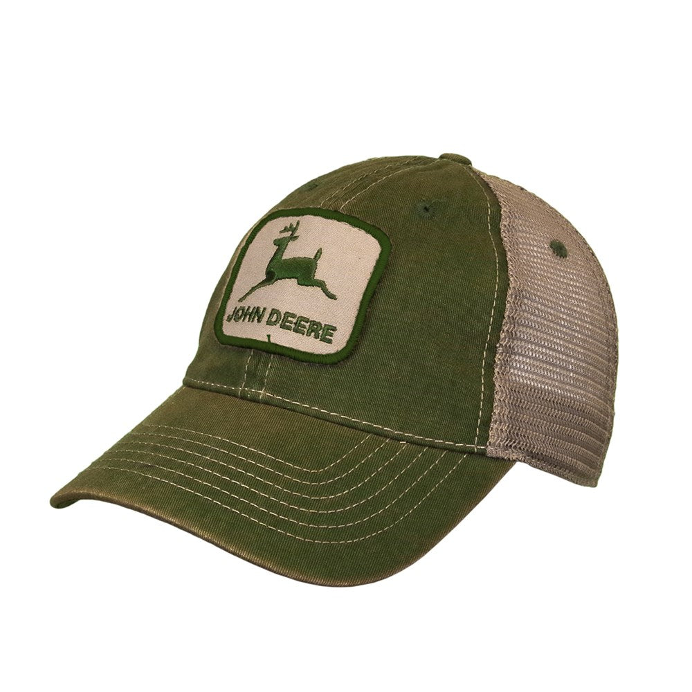 John Deere Stoned Washed Cap. Green and beige cap with John Deere logo on a white background