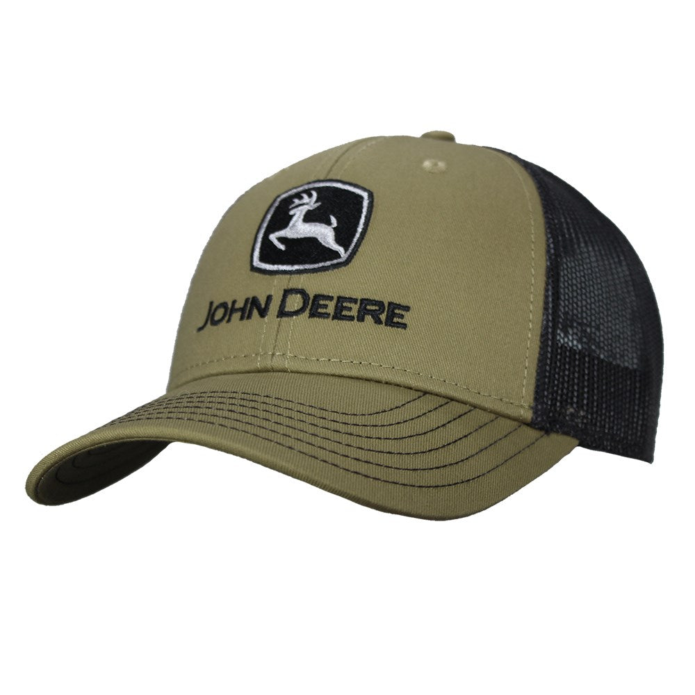 John Deere Twill / Trucker Mesh Cap. John Deere cap with black mesh back on a white background