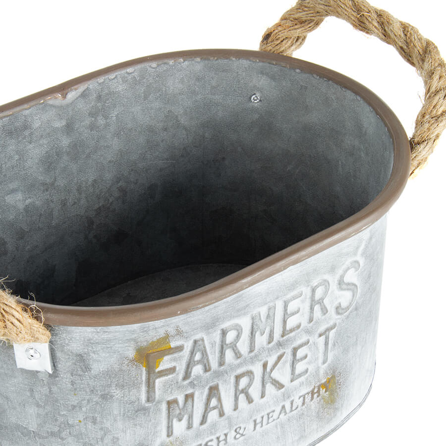 Nested Farmers Market Planter Set of 2. Metal bucket with 'Farmers Market' text and rope handles on a white background