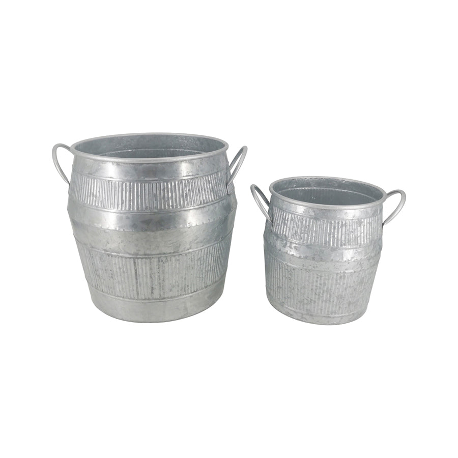 Nested Chic Barrel Pot Planter Set of 2. Two galvanized metal buckets on a white background