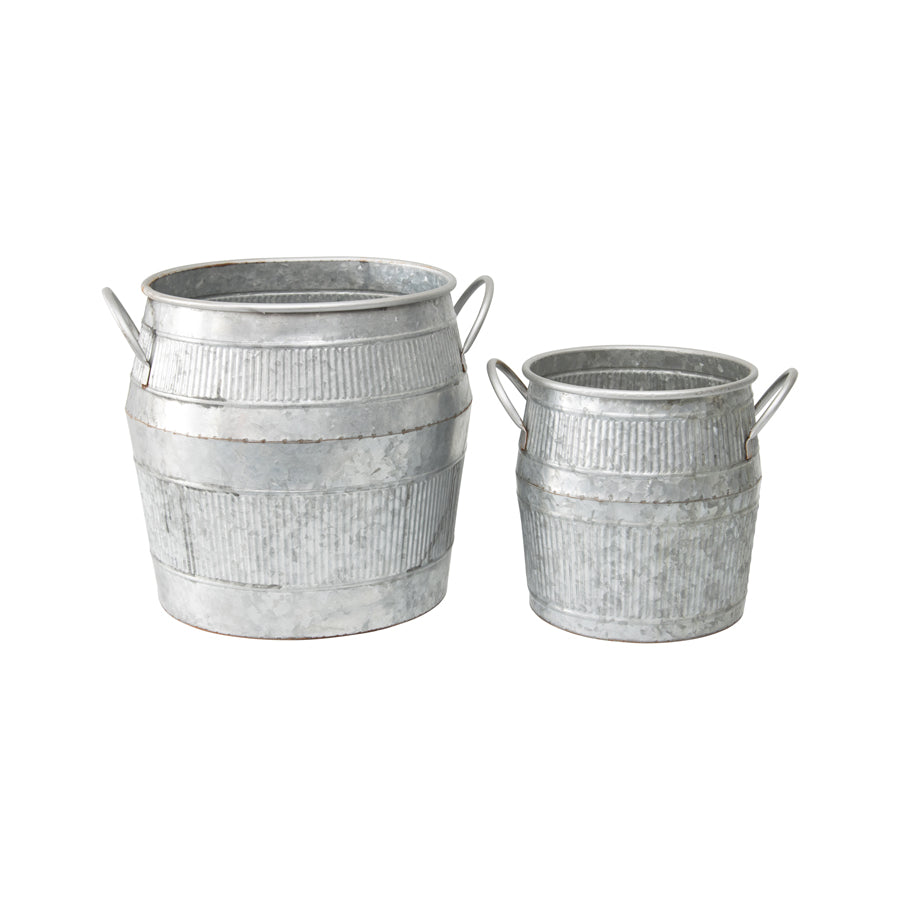 Nested Chic Barrel Pot Planter Set of 2. Two galvanized metal buckets on a white background
