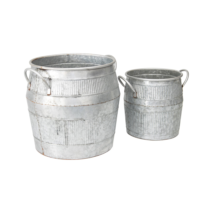 Nested Chic Barrel Pot Planter Set of 2. Two galvanized metal buckets on a white background