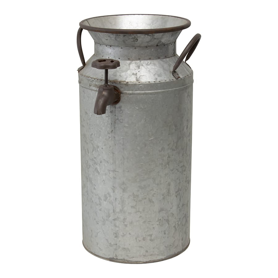 Decorative Tap Planter. Metal milk churn with handles and spout on a white background