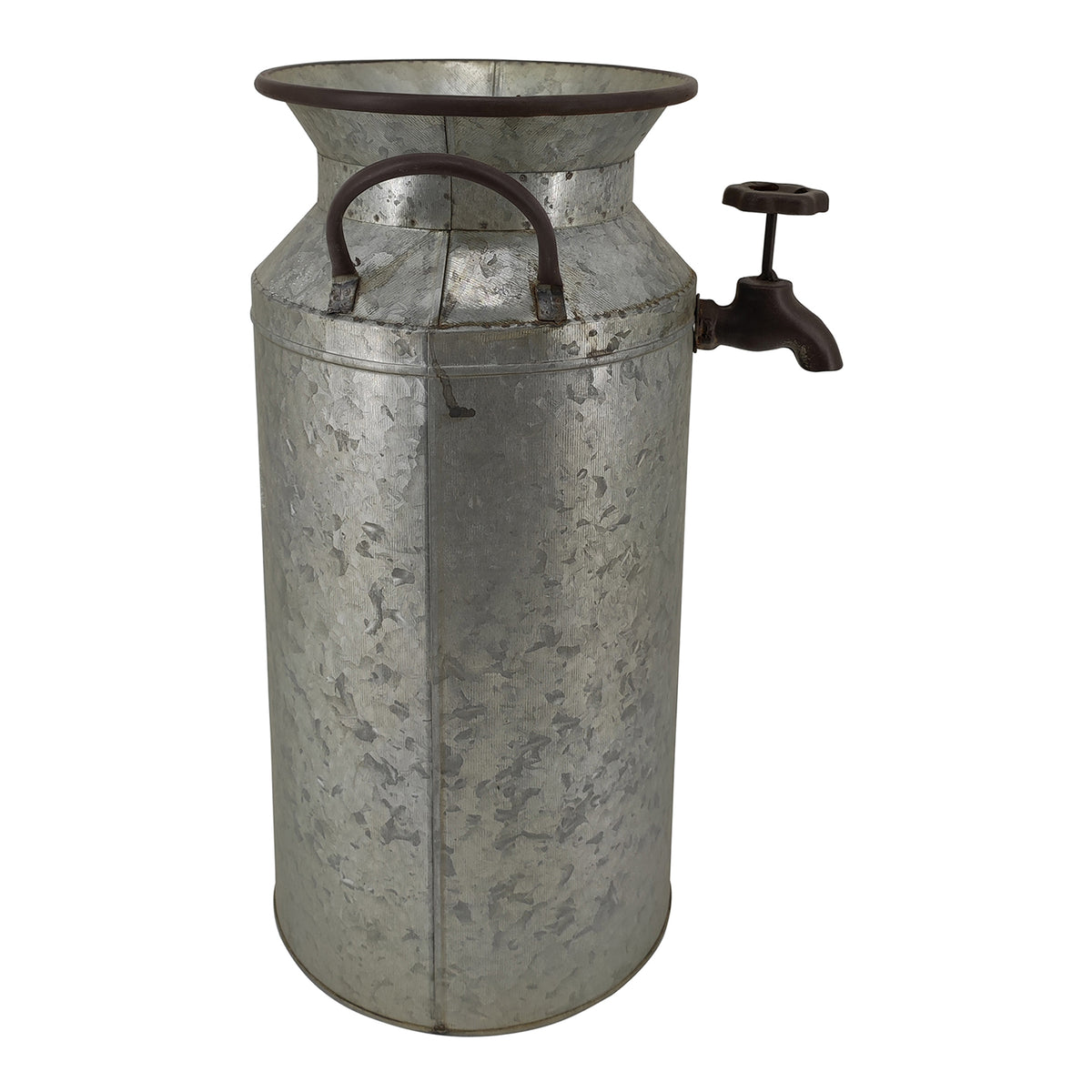 Decorative Tap Planter. Metal milk churn with a spout on a white background