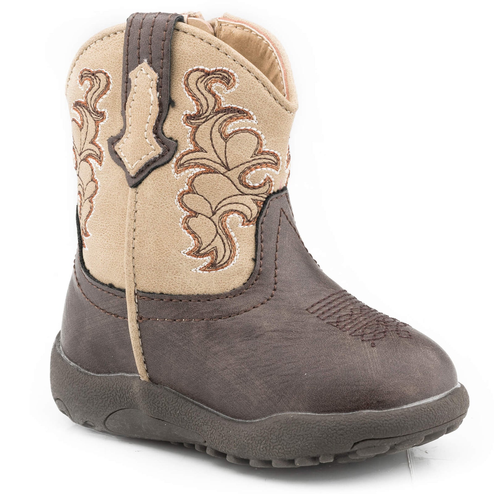 Roper Blaze Infant Cowbaby Western Boot. Brown and beige cowboy boot with intricate patterns on a white background