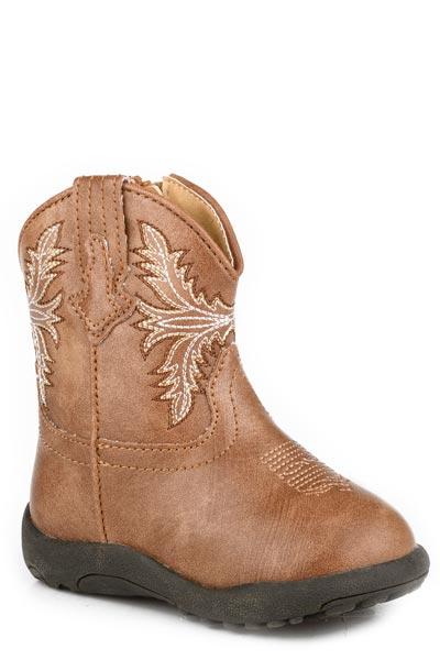 Roper Luke Infant Western Boot. Brown cowboy boot with intricate white stitching on a white background