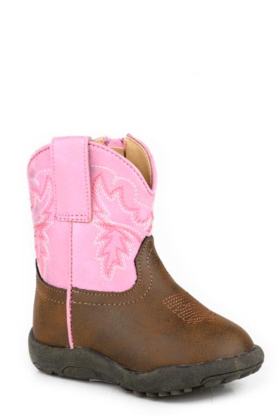 Roper Gretchen Infant Western Boot. Pink and brown cowboy boot on a white background