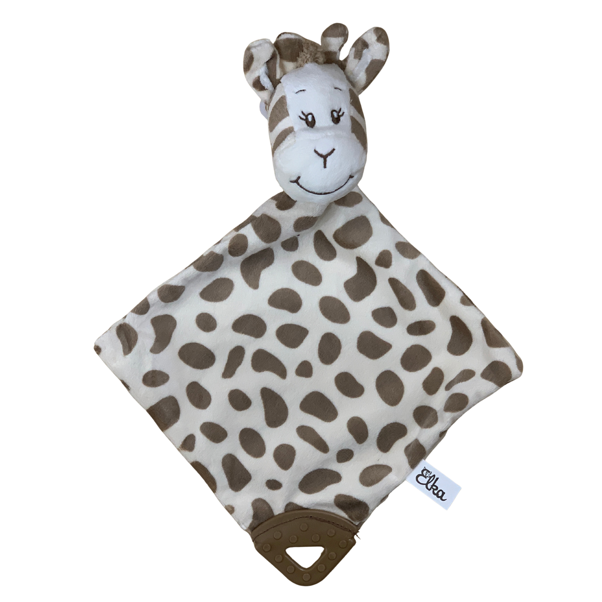 Giraffe-shaped plush toy with brown spots on a white background