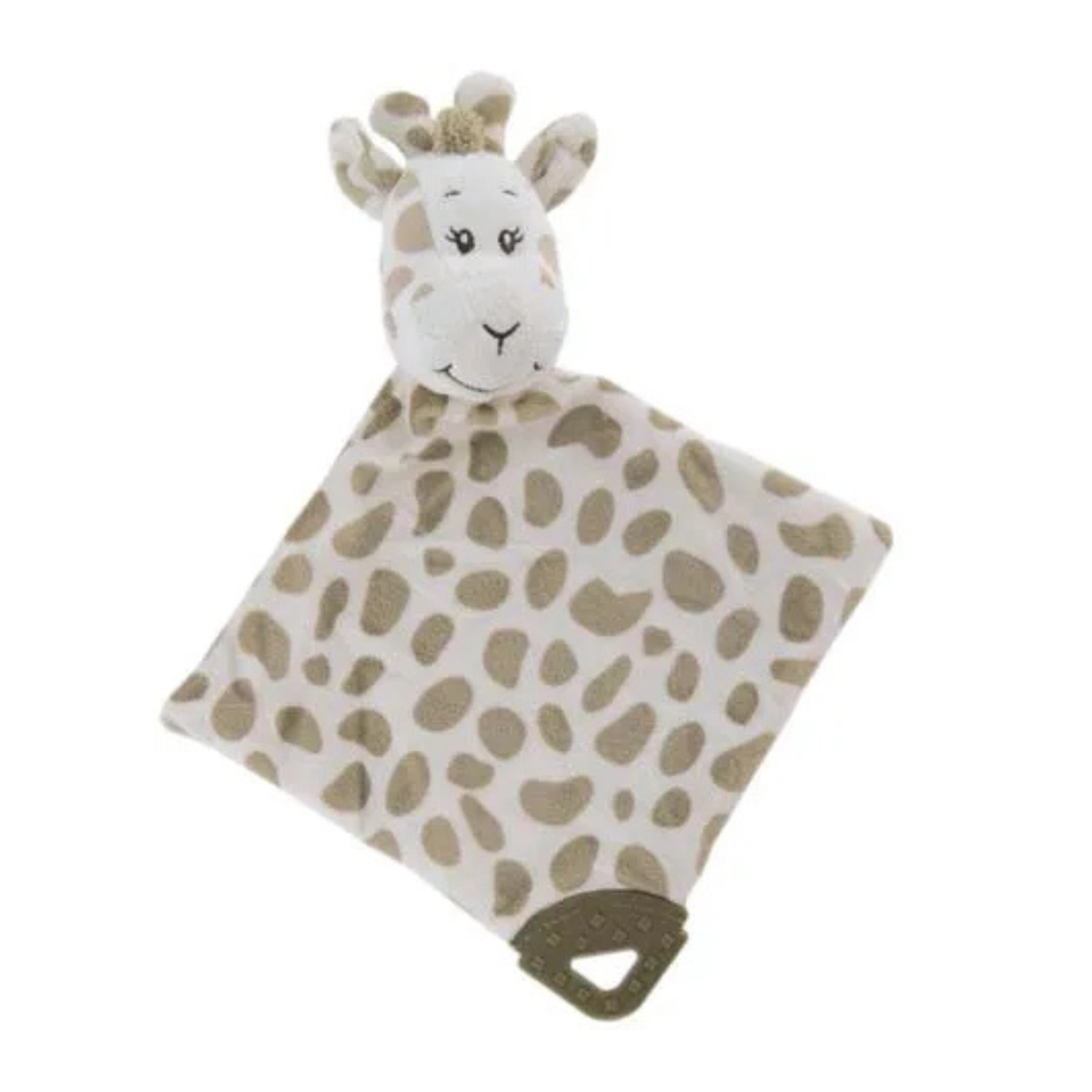 Giraffe-shaped plush toy with a patterned blanket on a white background