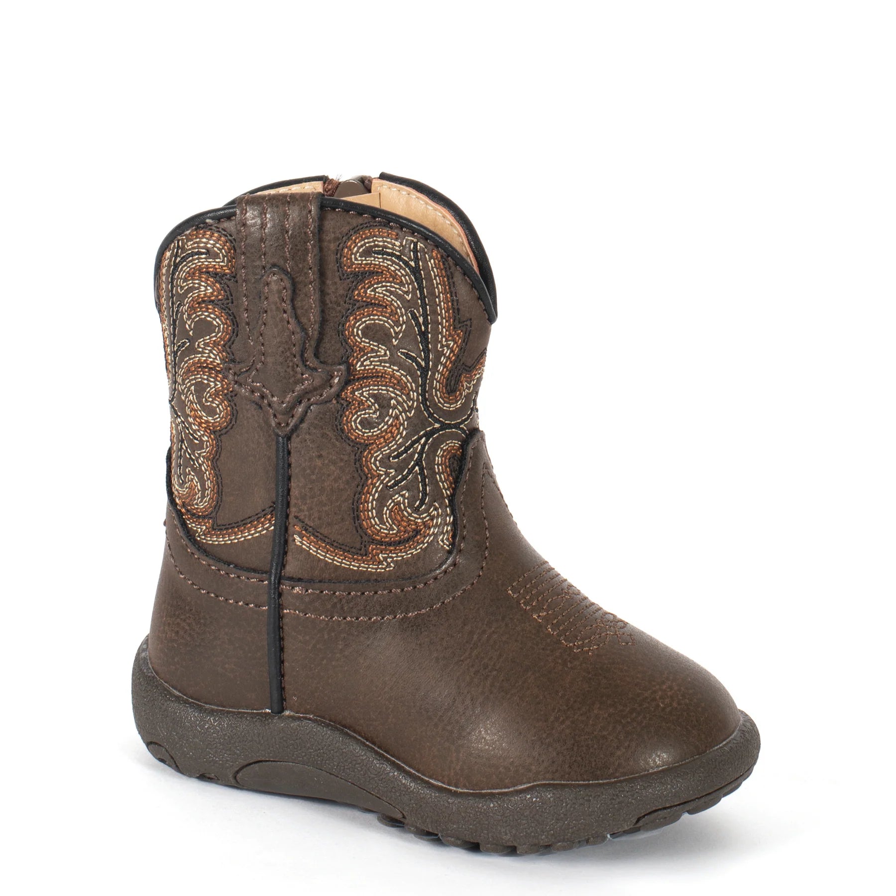 Roper Patrick Infant Cowbaby Boot. Brown cowboy boot with intricate stitching on a white background