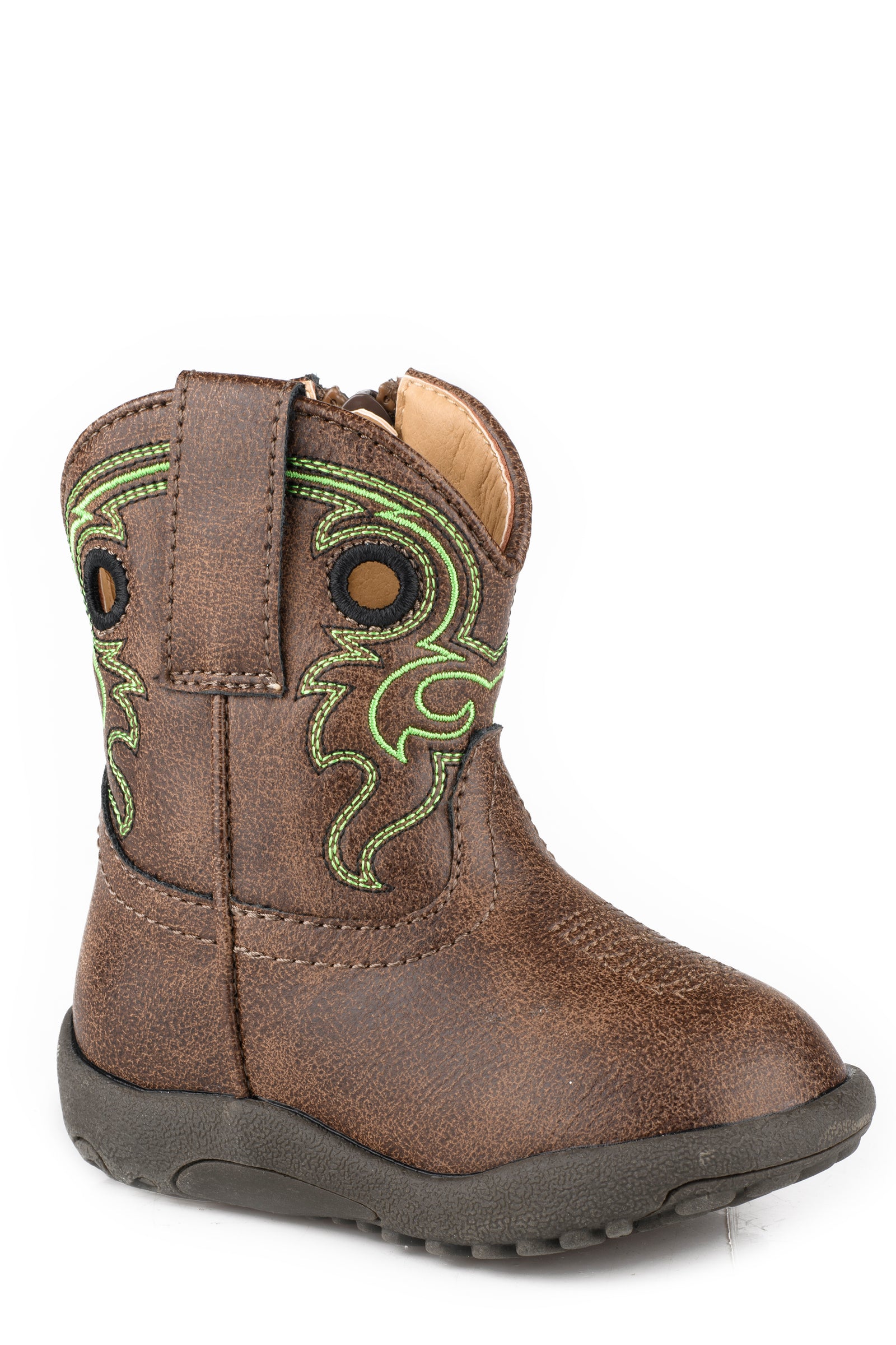 Roper Reno Infant Cowboy Western Boot. A brown infant cowboy western boot with green embroidery and a visible side zipper.