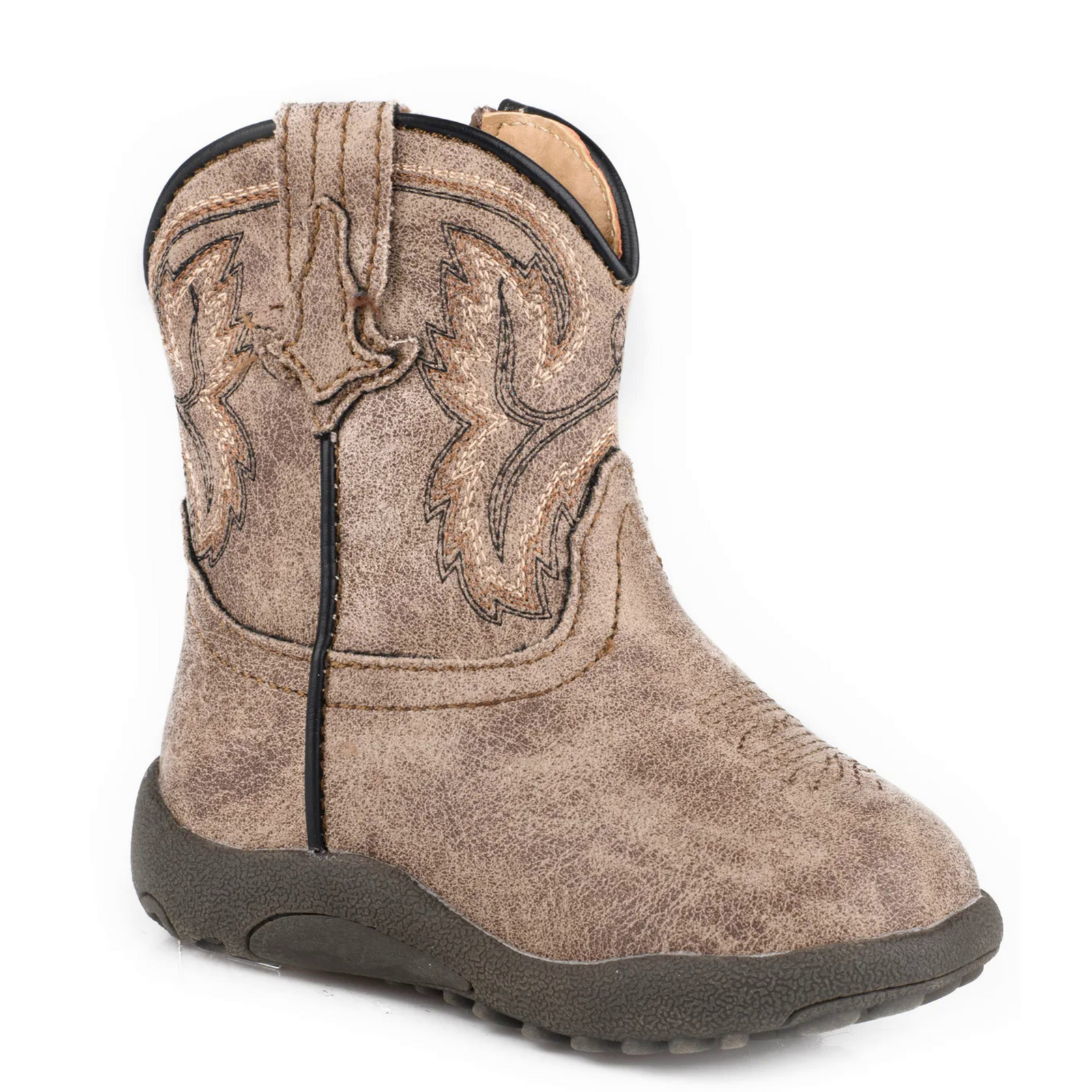 Roper Eastwood Infant Cowboy Western Boot. Infant cowboy western boot made with grey faux leather and tan shaft, featuring classic western stitch design, a mule ear pull, and a square toe.