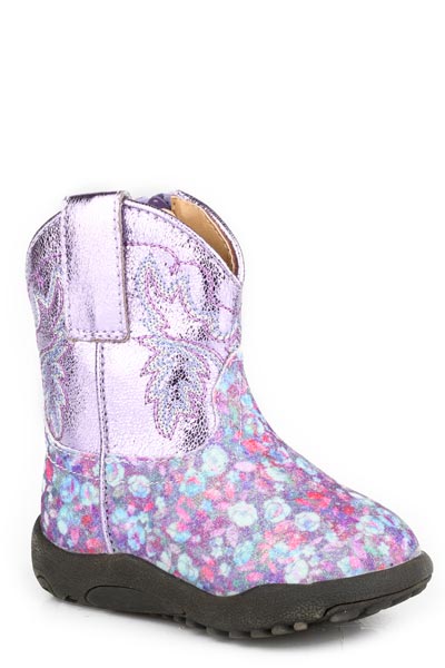 Roper Glitter Bloom Infant Western Boot. Purple glittery boot with floral pattern on a white background