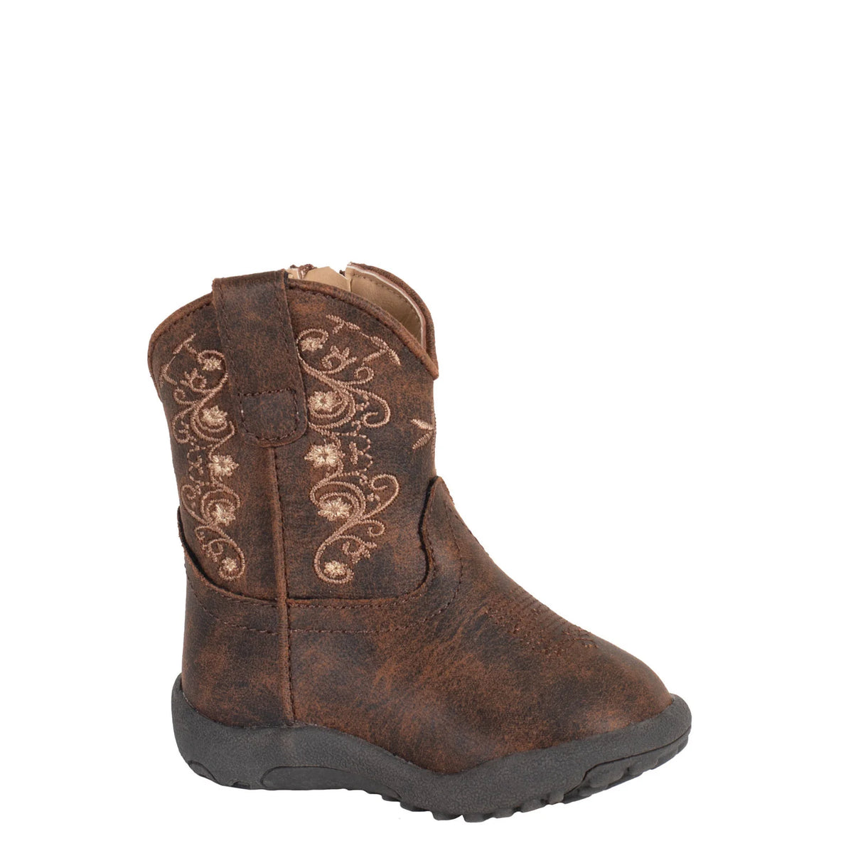 Brown children's cowboy boot with decorative patterns on a white background