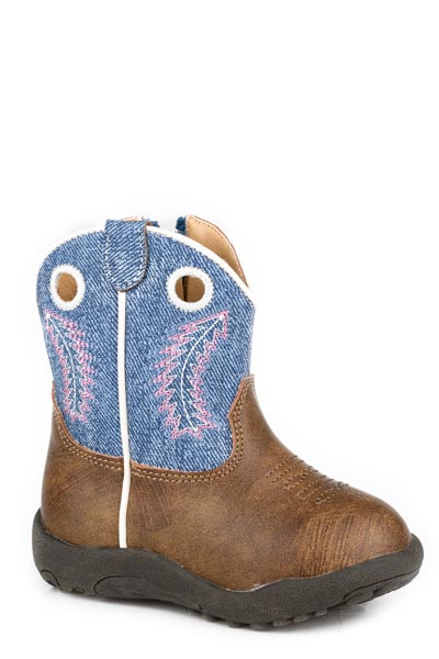Roper Willow Infant Western Boot. Brown children's cowboy boot with blue leather patch on a white background