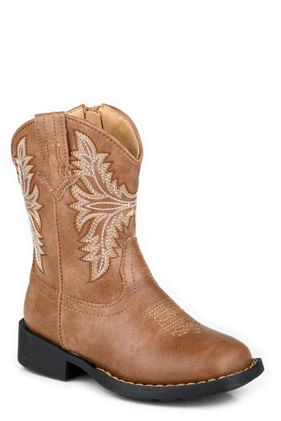 Roper Luke Toddler Western Boot. Brown cowboy boot with floral embroidery on a white background