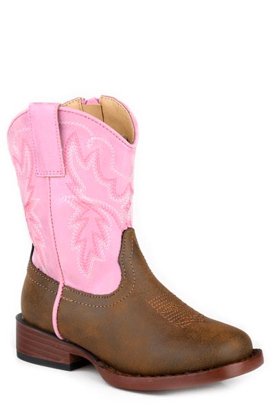 Roper Gretchen Toddler Western Boot. Brown and pink cowboy boot on a white background