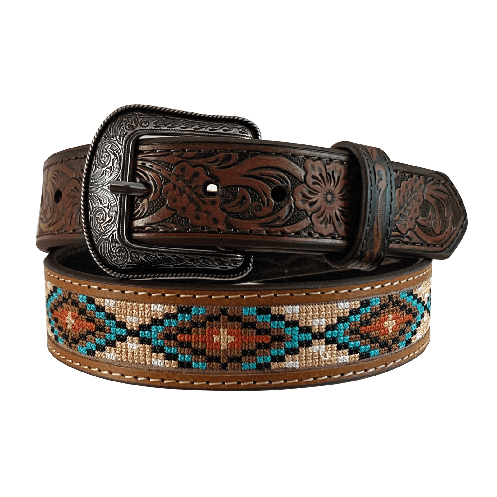 Roper Boy's Hand Tooled Western Belt
. A boy's western belt with hand tooled tabs and a silver finish buckle, featuring a geometric pattern inlay.
