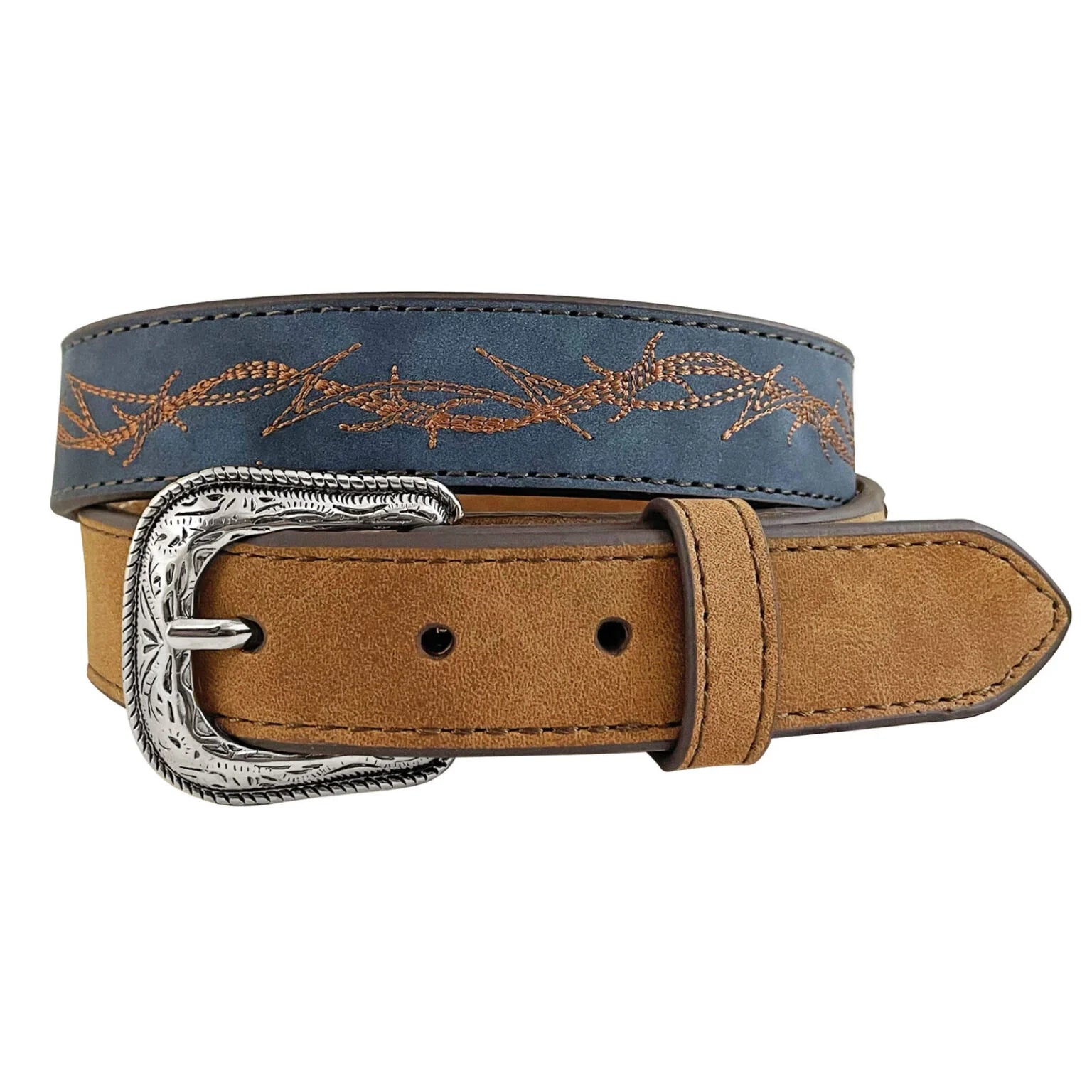 Brown leather belt with barbed wire design and silver buckle on a white background