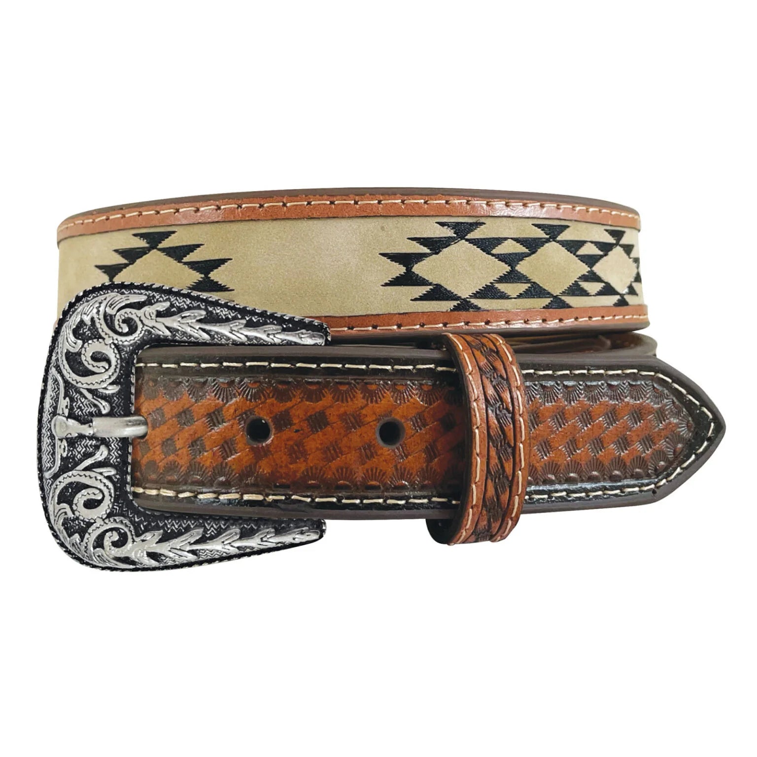 Brown leather belt with decorative buckle on a white background