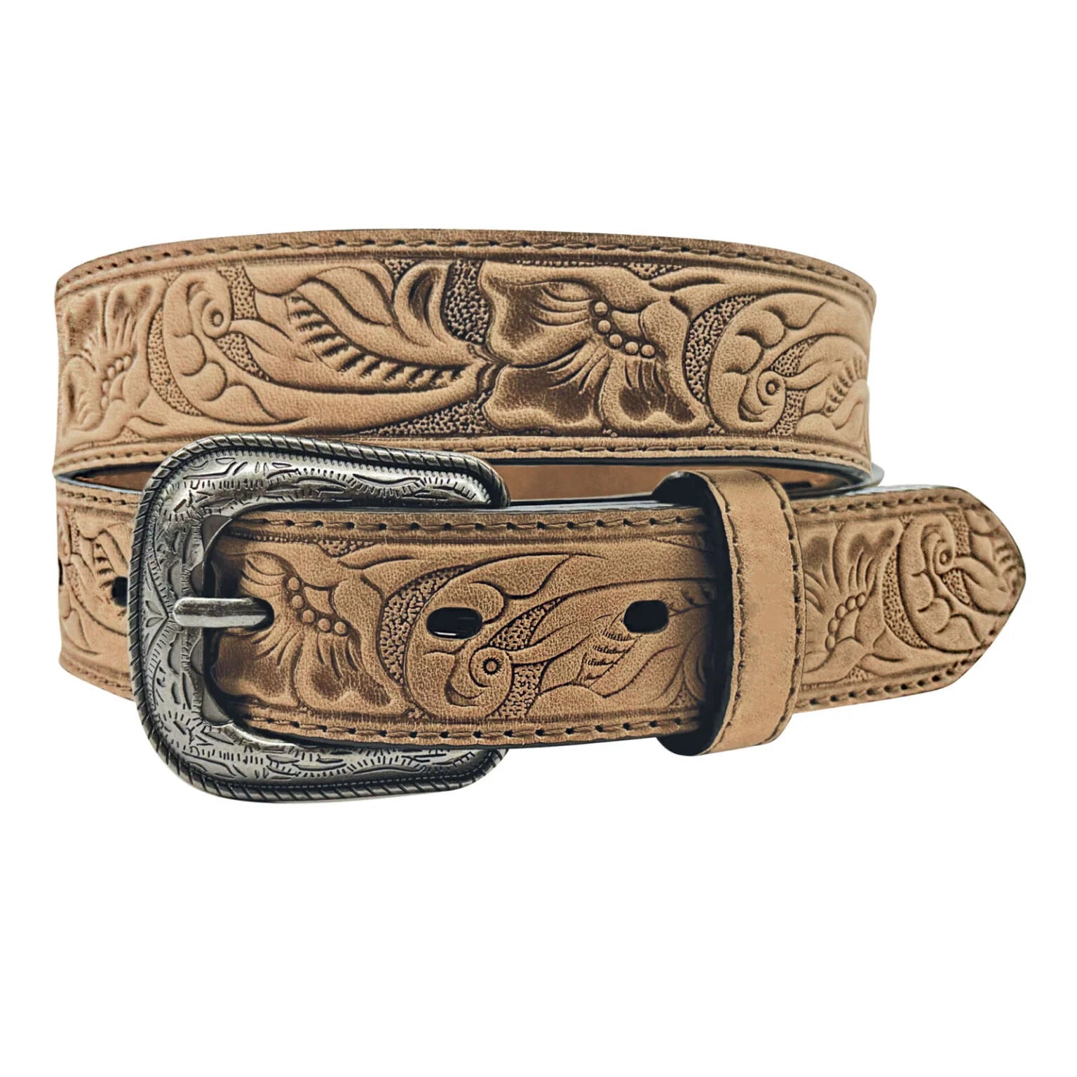 Brown leather belt with intricate floral patterns and a silver buckle on a white background