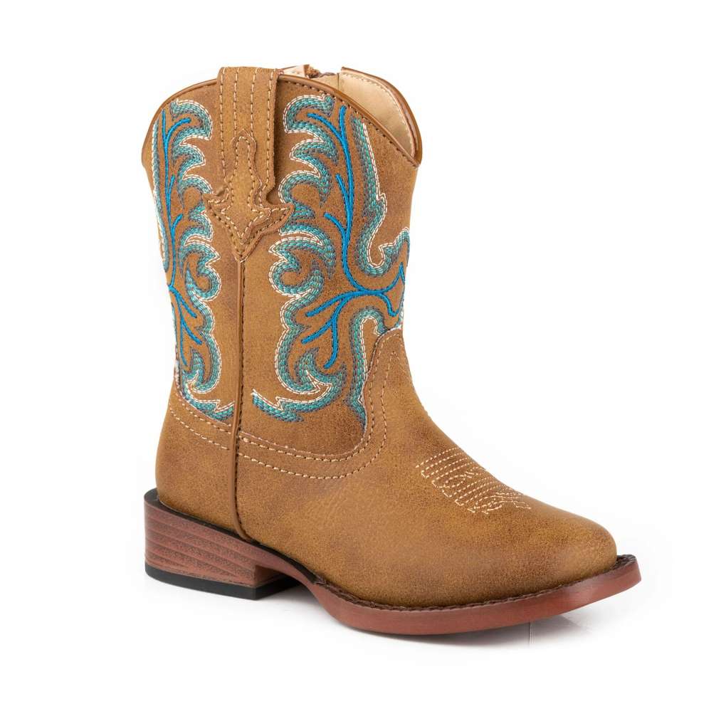 Roper Patrick Toddler Western Boot. Tan cowboy boot with turquoise embroidery on a white background