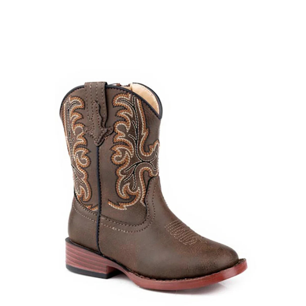 Roper Patrick Toddler Western Boot. Brown cowboy boot with intricate stitching on a white background