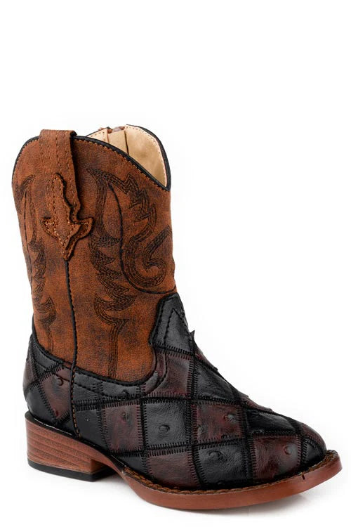Roper Bird Blocks Toddler Western Boot. Brown and black cowboy boot with intricate design on a white background