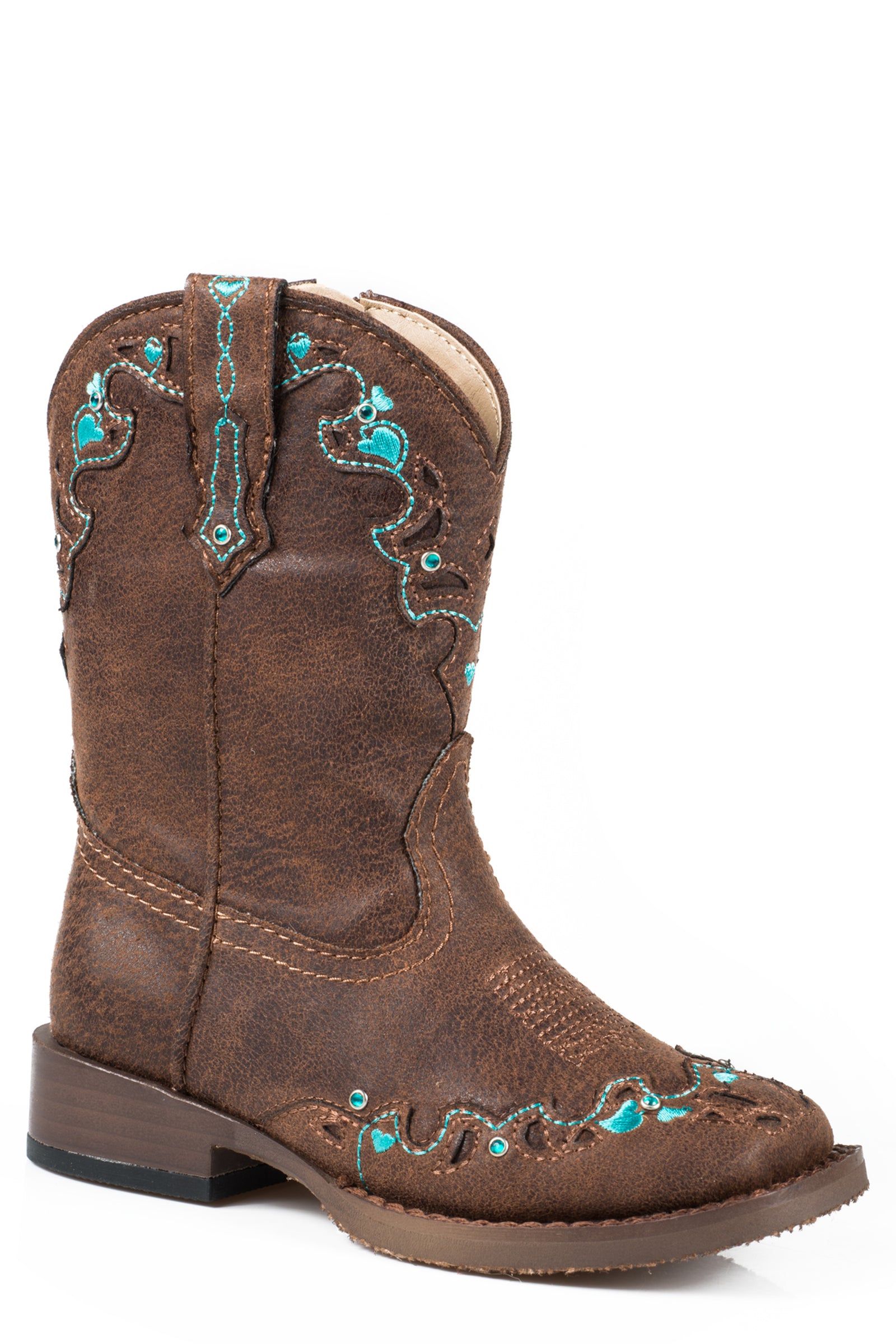 Roper Hearts Toddler Western Boot. Brown cowboy boot with turquoise stitching on a white background