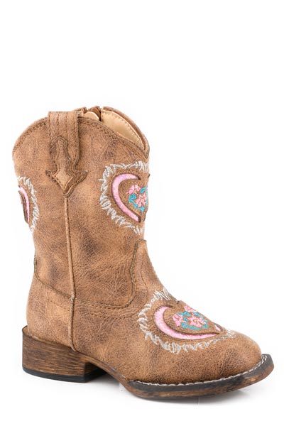 Roper Heartful Toddler Western Boot. A brown toddler western boot with heart-shaped design and embroidery, featuring a side zipper.