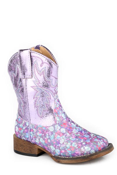 Roper Glitter Bloom Toddler Western Boot. Purple cowboy boot with floral pattern on a white background