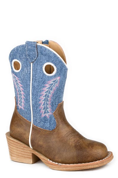Roper Willow Toddler Western Boot. Brown cowboy boot with blue leather patch on a white background