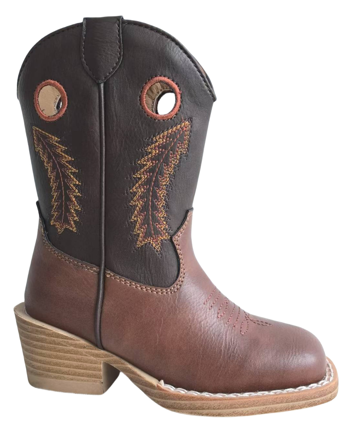 Brown cowboy boot with decorative stitching on a white background