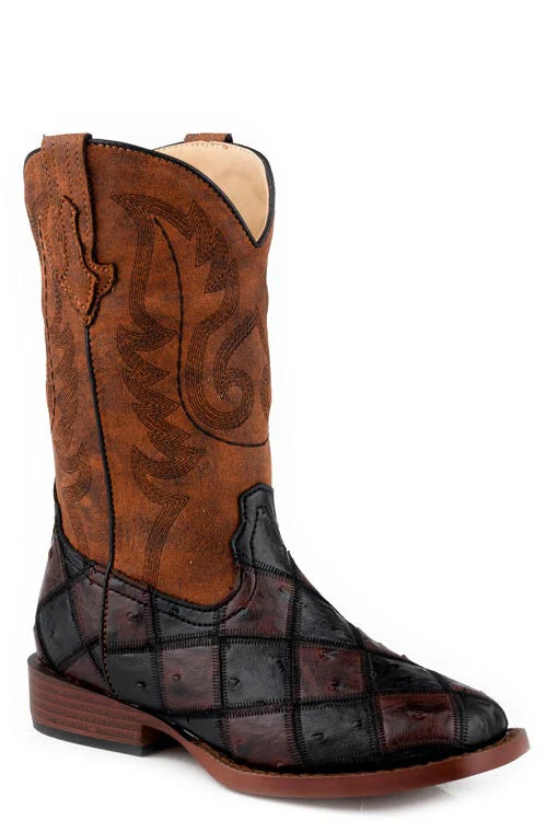 Roper Bird Blocks Kids Western Boot. Brown and black checkered cowboy boot on a white background 