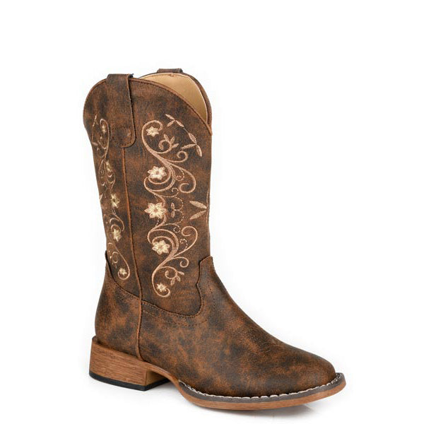 Brown cowboy boot with floral embroidery on a white background