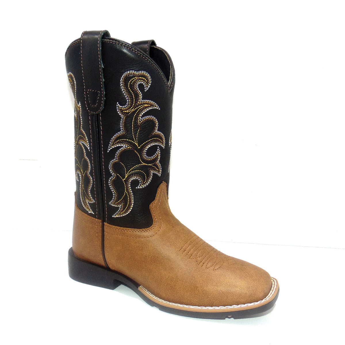 Brown and black cowboy boot with intricate embroidery on a white background