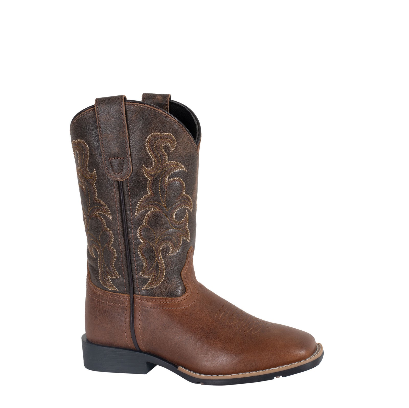 Brown cowboy boot with intricate stitching on a white background
