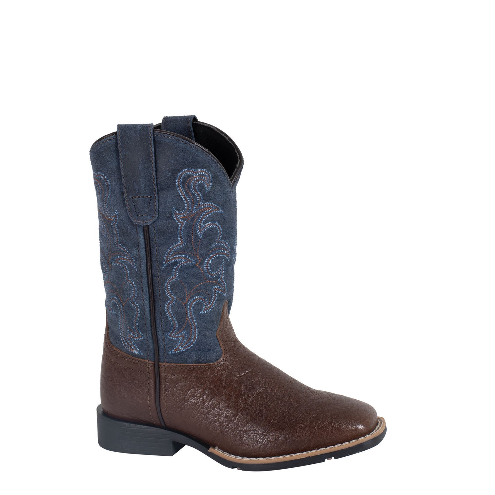 Brown and blue cowboy boot on a white background