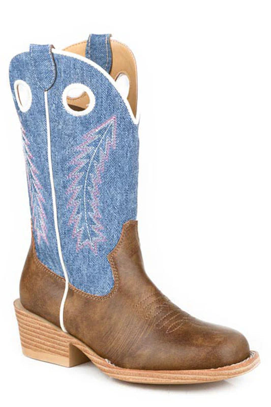 Roper Willow Kids Western Boot. Brown cowboy boot with blue denim section on a white background
