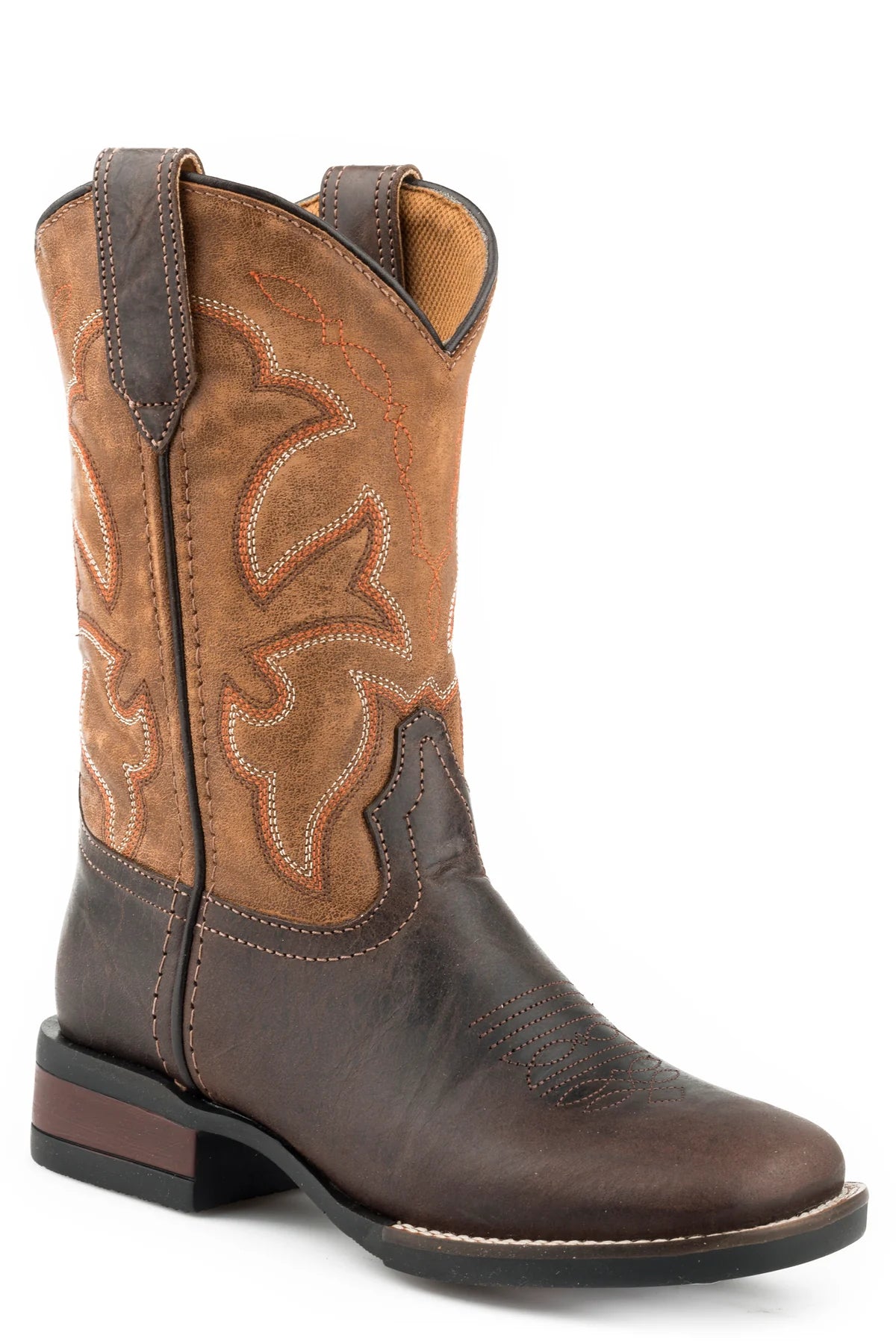 Roper Monterey Kids Western Boot. Brown cowboy boot with intricate stitching on a white background