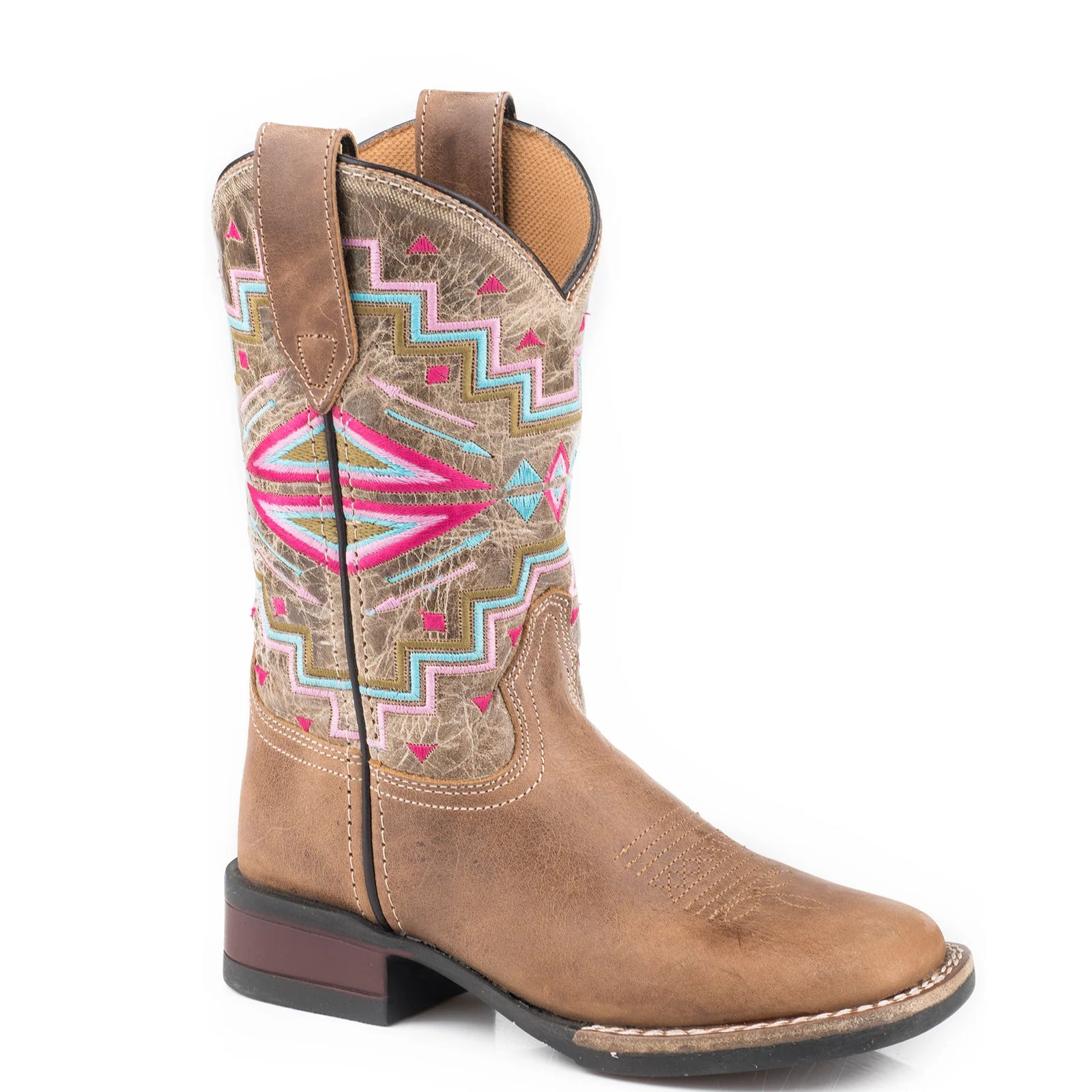 Roper Monterey Aztec Kids Western Boot. Brown cowboy boot with colorful pattern on a white background