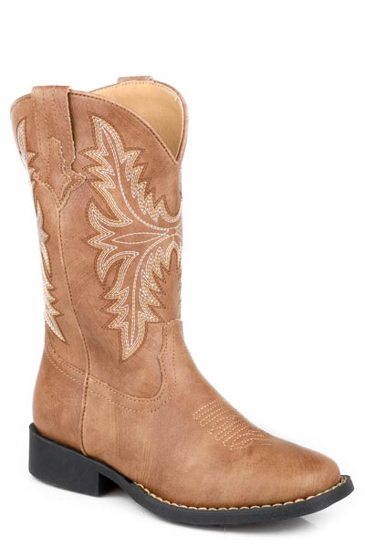Roper Luke Big Kids Western Boot. Tan cowboy boot with intricate white embroidery on a white background