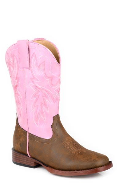 Roper Gretchen Big Kids Western Boot. Brown cowboy boot with pink uppers on a white background