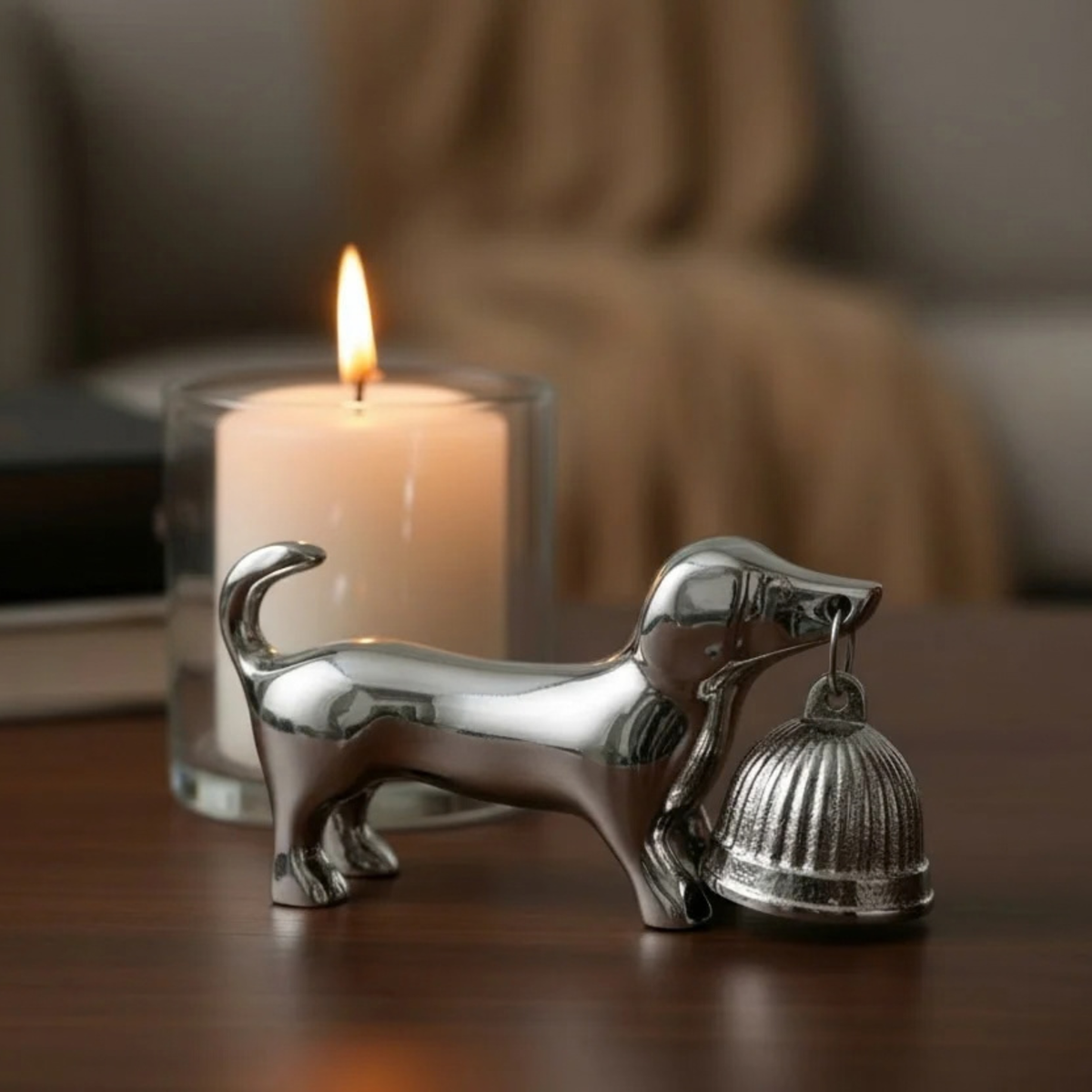A polished silver dog figurine holding a small bell in its mouth, displayed on a wooden table next to a lit white candle in a glass holder, with a softly blurred indoor background.