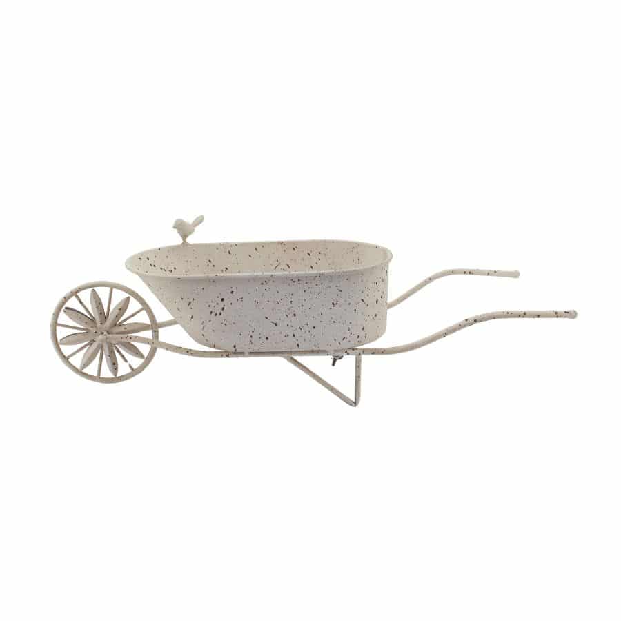 Decorative white wheelbarrow on a white background
