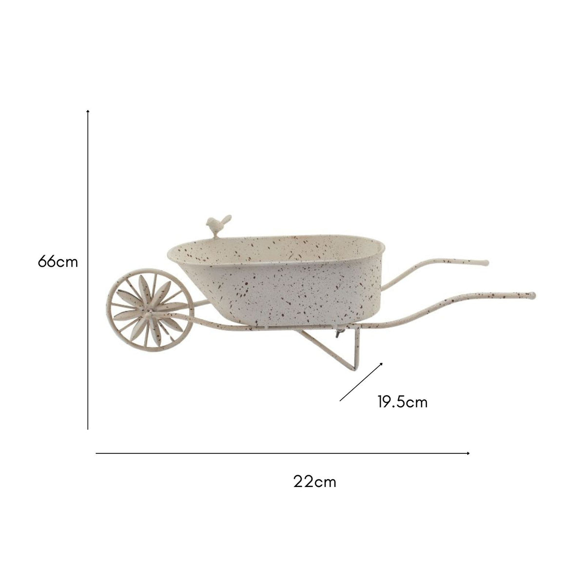 A white speckled metal wheelbarrow-shaped planter with dimension markings showing a height of 66cm, width of 22cm, and depth of 19.5cm on a plain white background.