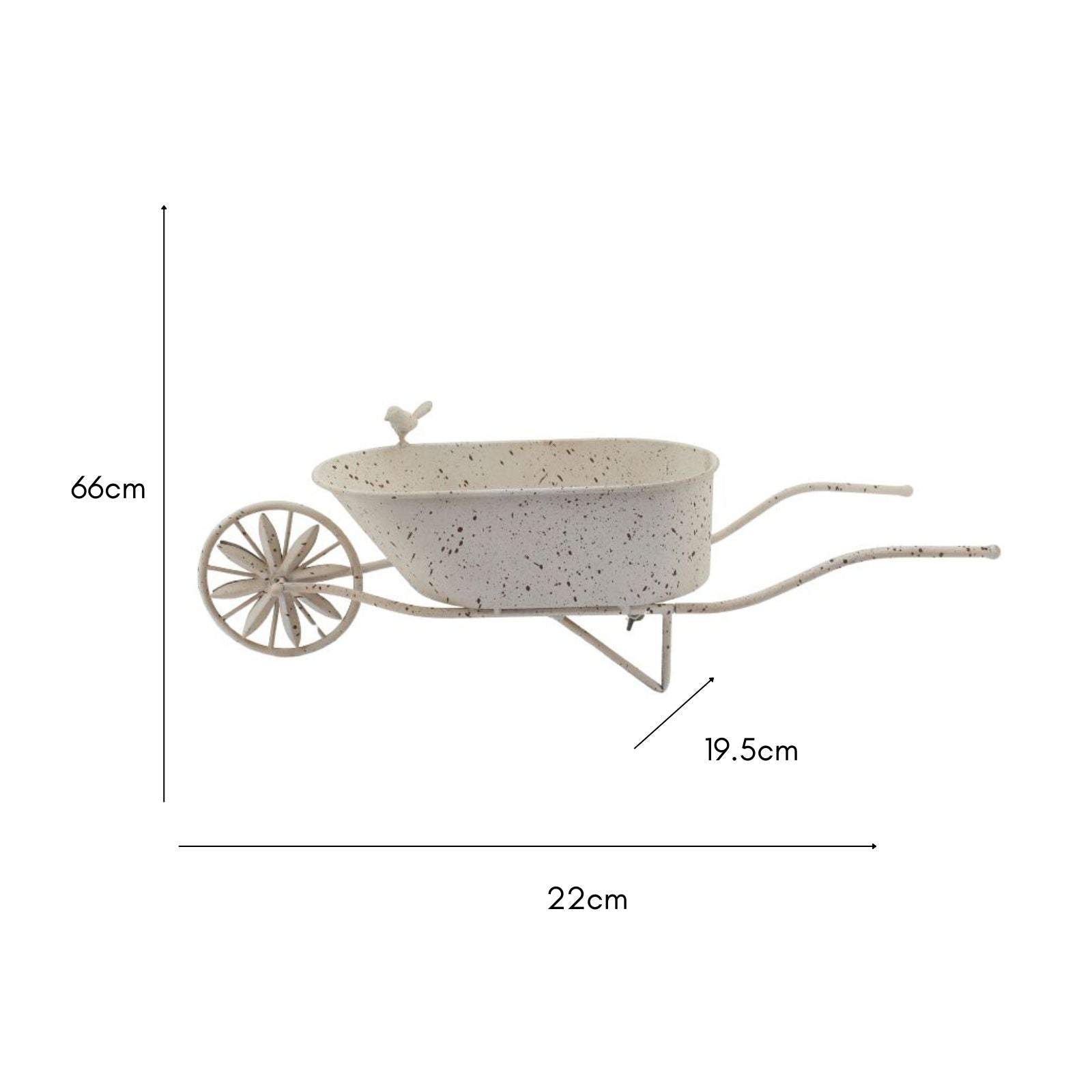 A white speckled metal wheelbarrow-shaped planter with dimension markings showing a height of 66cm, width of 22cm, and depth of 19.5cm on a plain white background.